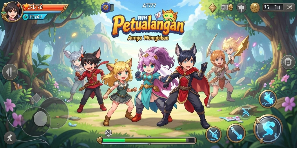 Tangkapan layar gameplay AT777 menampilkan karakter anime dalam aksi dinamis.