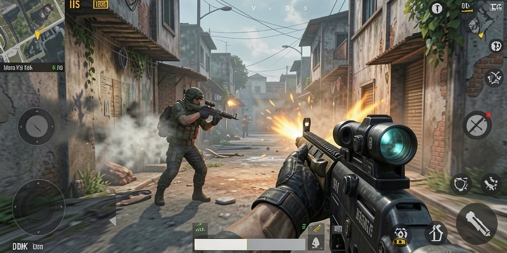 Screenshot gameplay DKK yang menampilkan aksi tembak menembak yang intens.