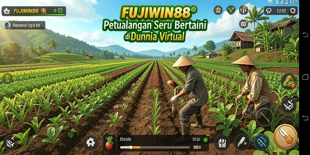 Screenshot gameplay FUJIWIN88 menampilkan aktivitas bertani dan merawat hewan.
