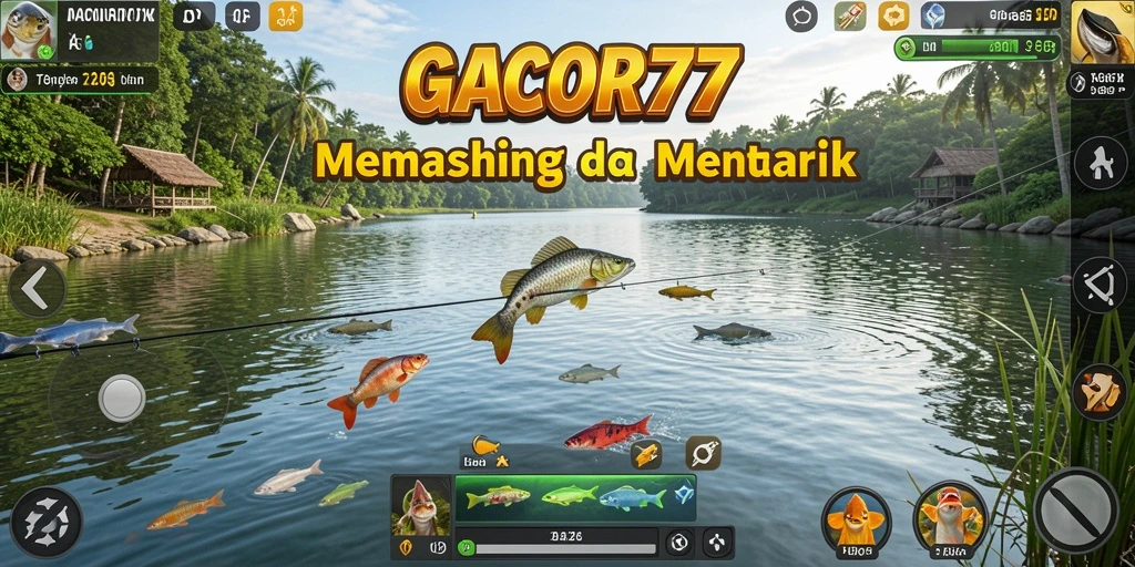 Screenshot GACOR77 menampilkan gameplay memancing yang seru dan realistis.