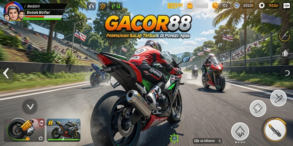Tampilan gameplay menegangkan dari GACOR88 dalam balapan motor.