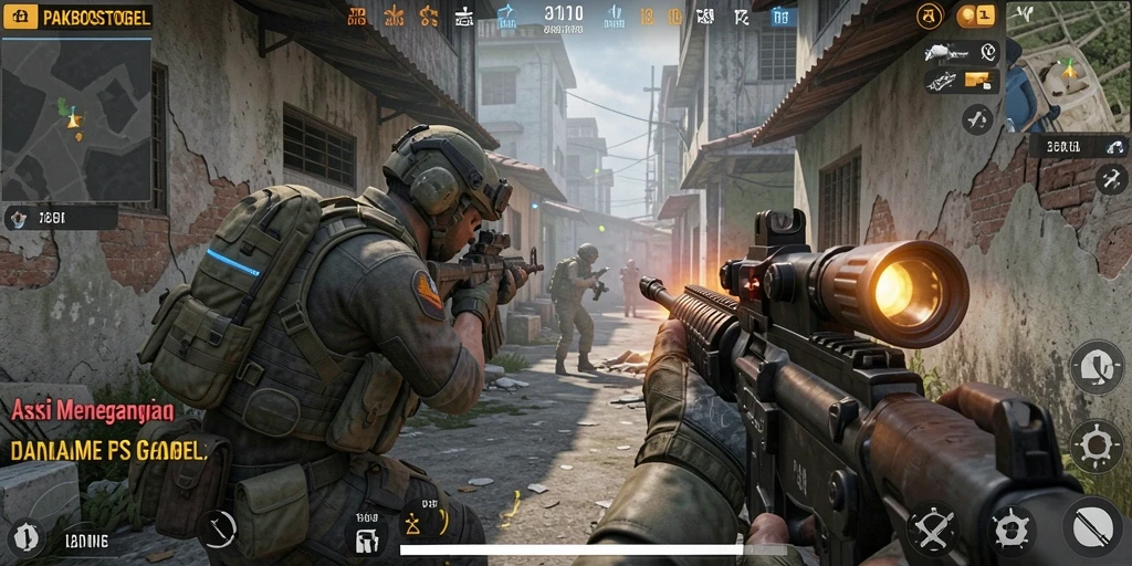 Screenshot utama PAKBOSTOGEL menampilkan aksi tembak-menembak seru dalam gameplay FPS.