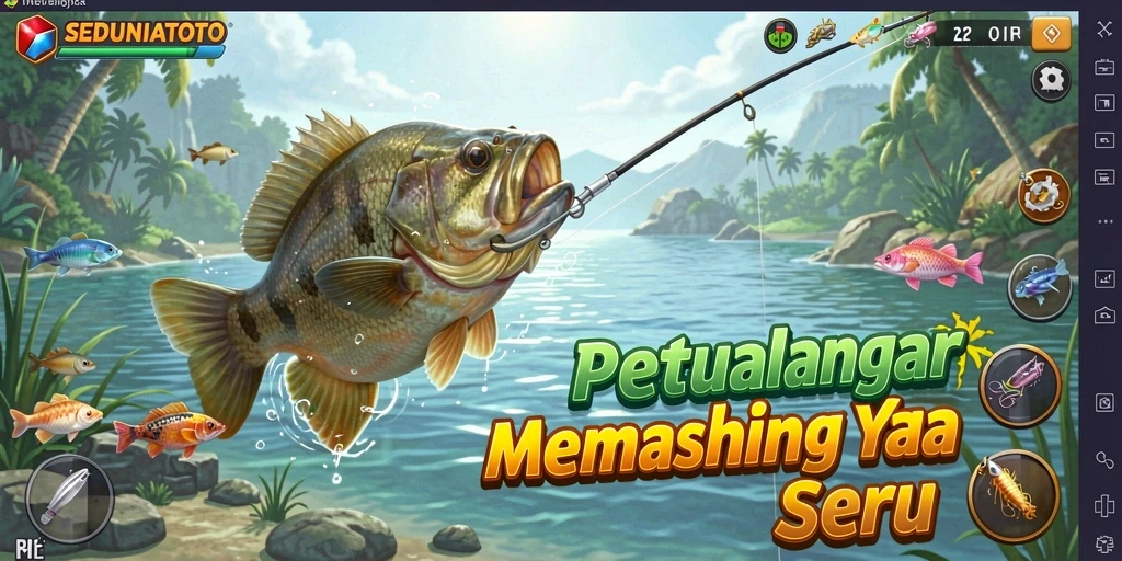 Tampilan gameplay SEDUNIATOTO saat memancing di danau yang indah.